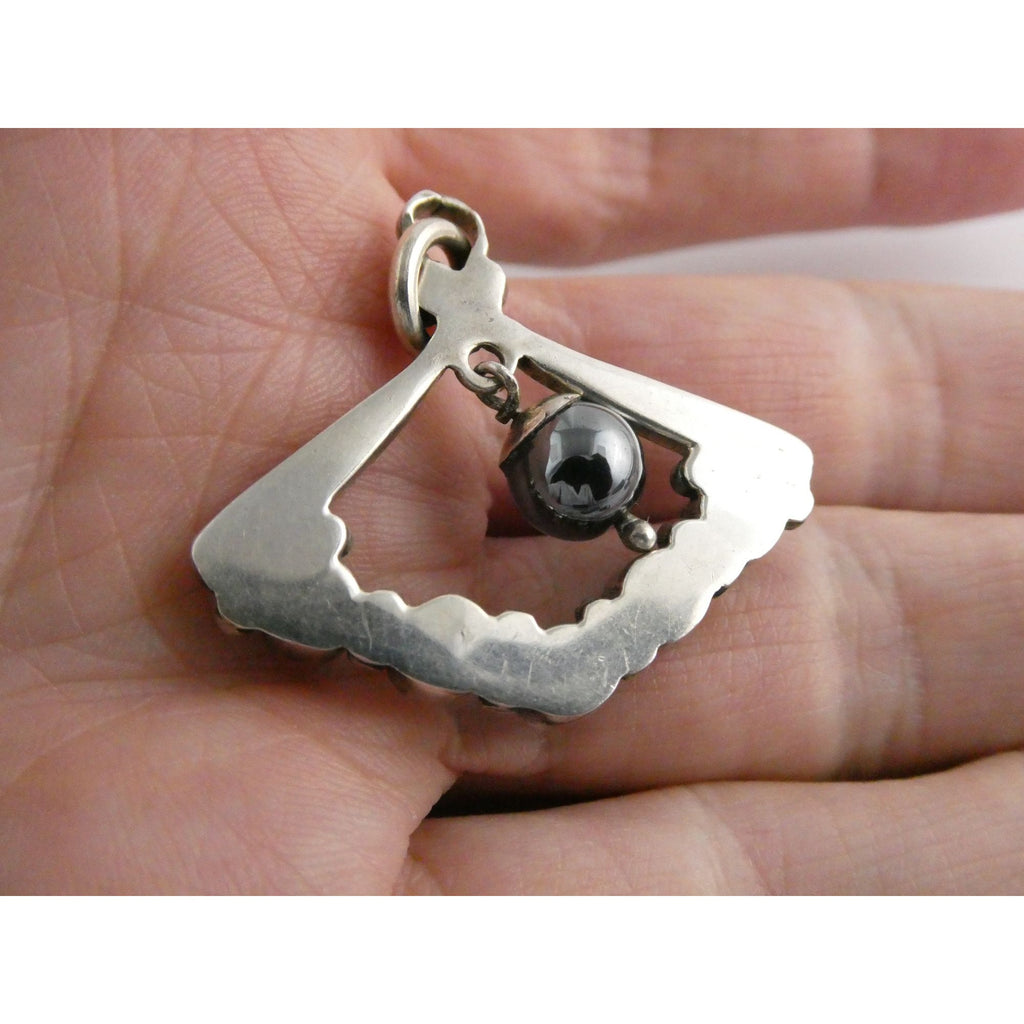 Sterling Silver Hematite Bead with Green Yellow Resin Pendant 7.9g 1.25 Inches