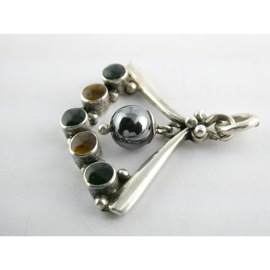 Sterling Silver Hematite Bead with Green Yellow Resin Pendant 7.9g 1.25 Inches