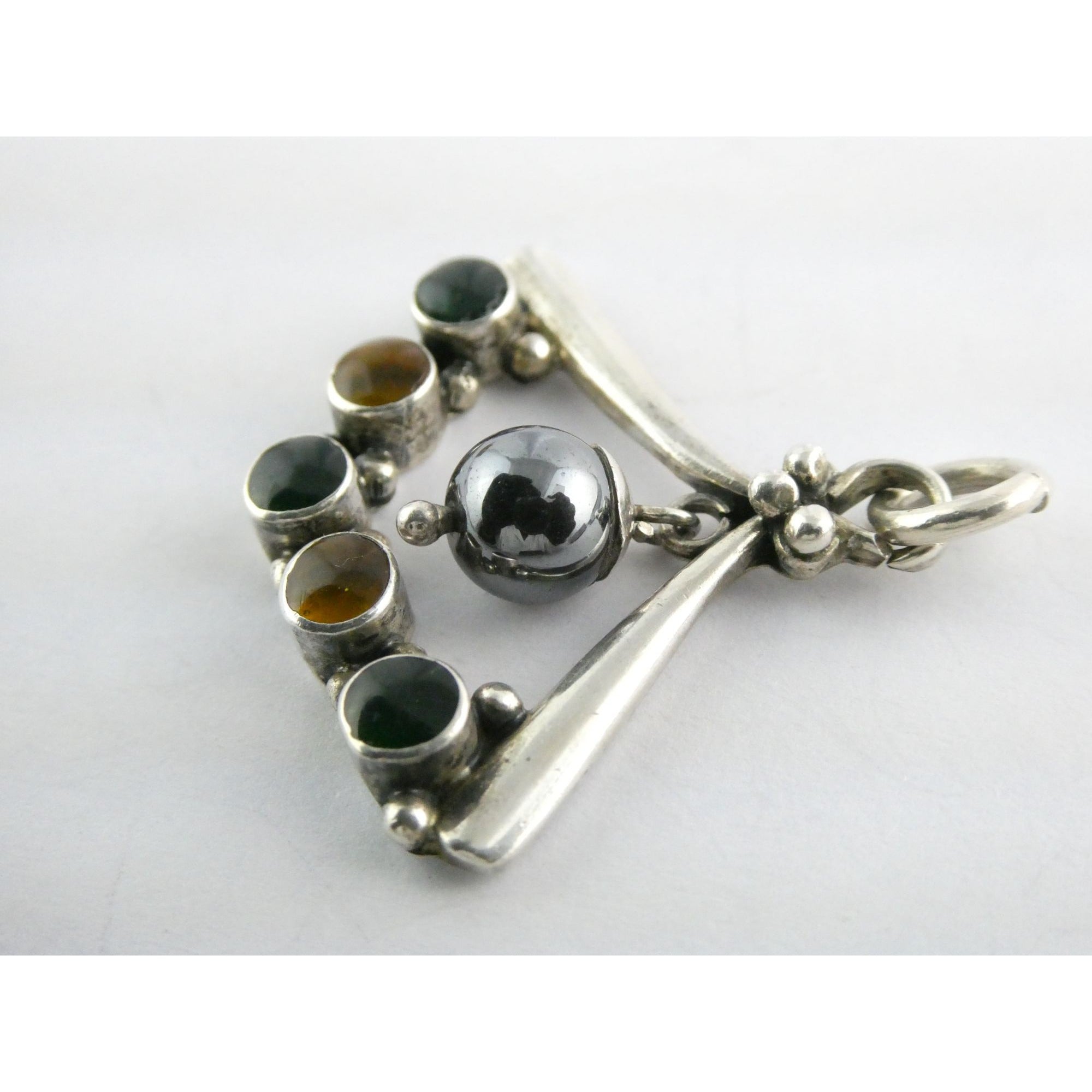 Sterling Silver Hematite Bead with Green Yellow Resin Pendant 7.9g 1.25 Inches