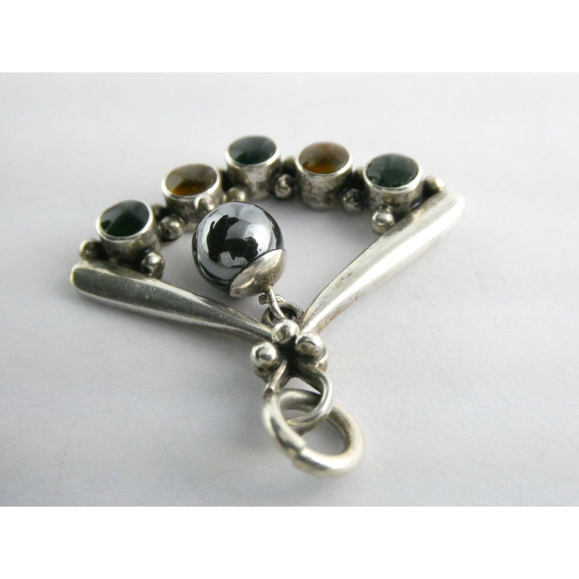 Sterling Silver Hematite Bead with Green Yellow Resin Pendant 7.9g 1.25 Inches