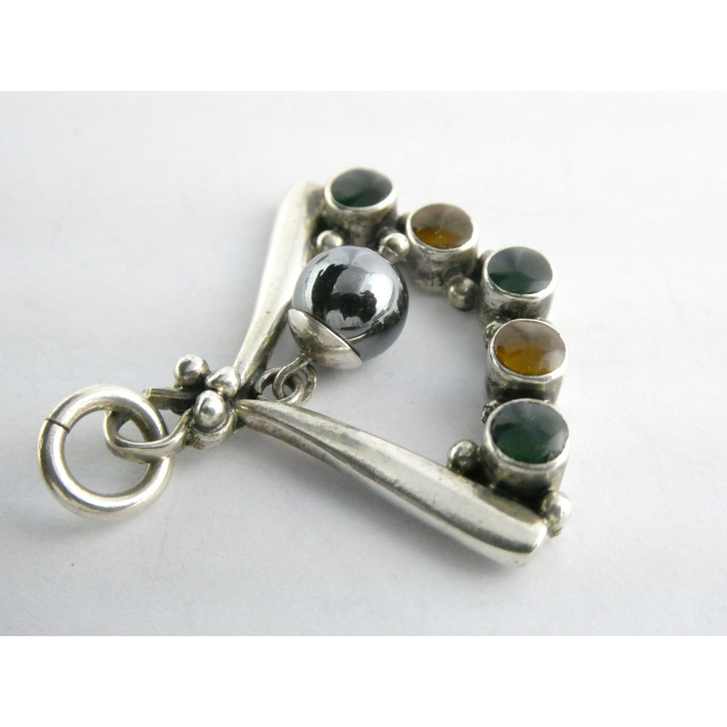 Sterling Silver Hematite Bead with Green Yellow Resin Pendant 7.9g 1.25 Inches