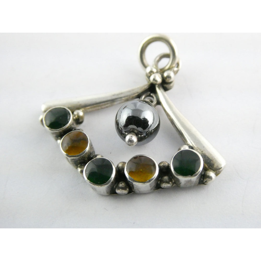 Sterling Silver Hematite Bead with Green Yellow Resin Pendant 7.9g 1.25 Inches
