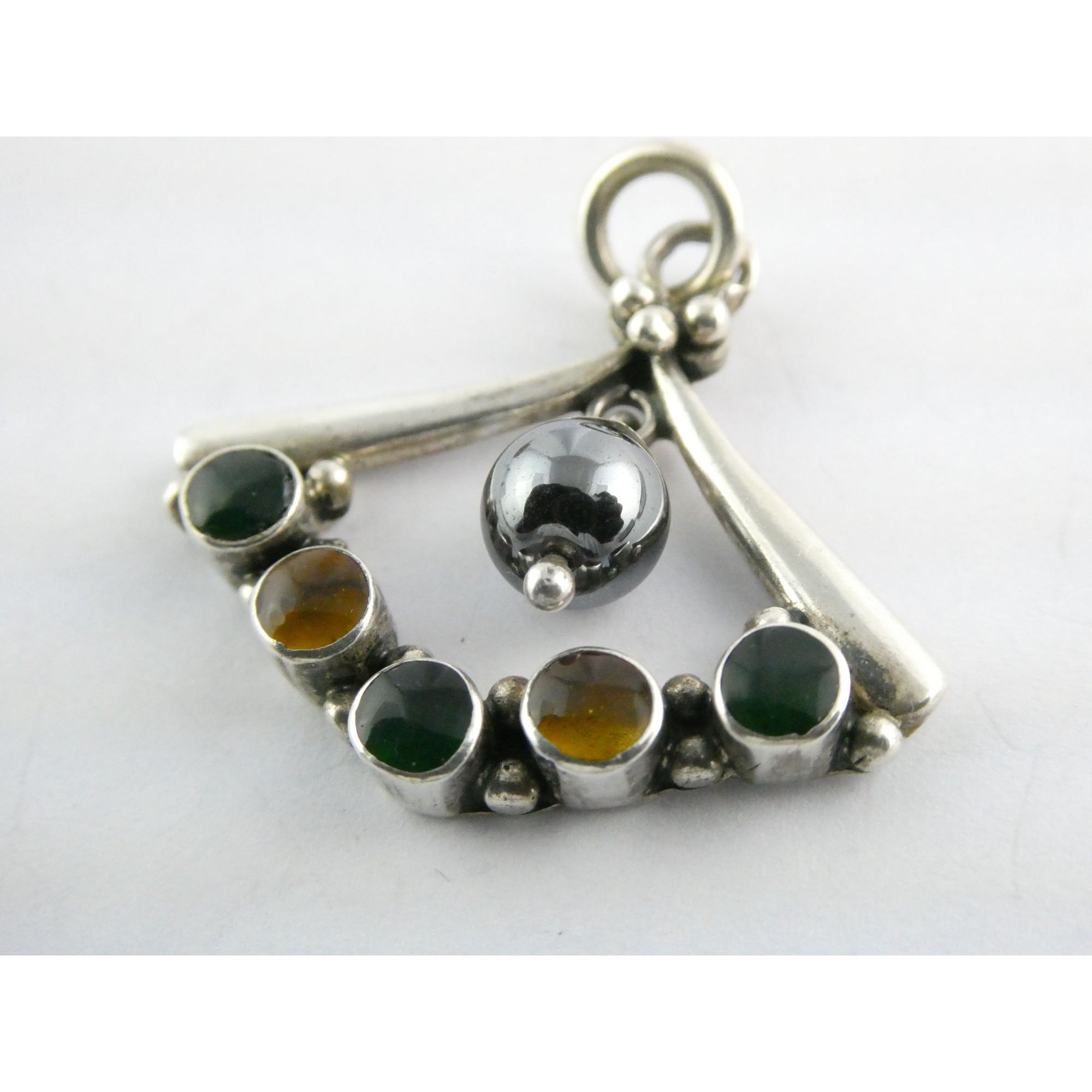 Sterling Silver Hematite Bead with Green Yellow Resin Pendant 7.9g 1.25 Inches