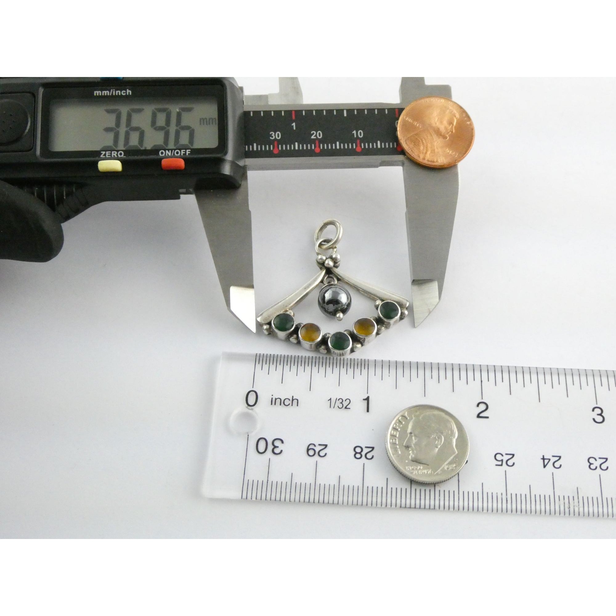 Sterling Silver Hematite Bead with Green Yellow Resin Pendant 7.9g 1.25 Inches