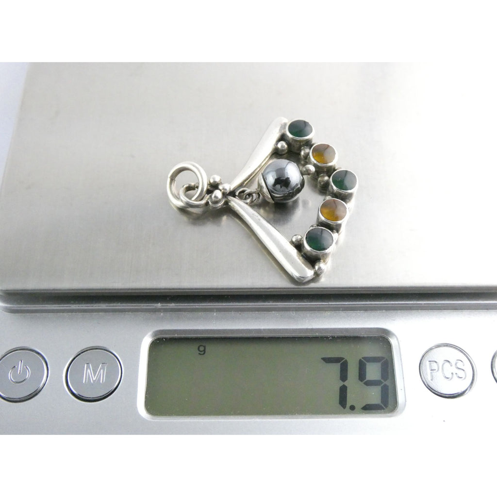 Sterling Silver Hematite Bead with Green Yellow Resin Pendant 7.9g 1.25 Inches