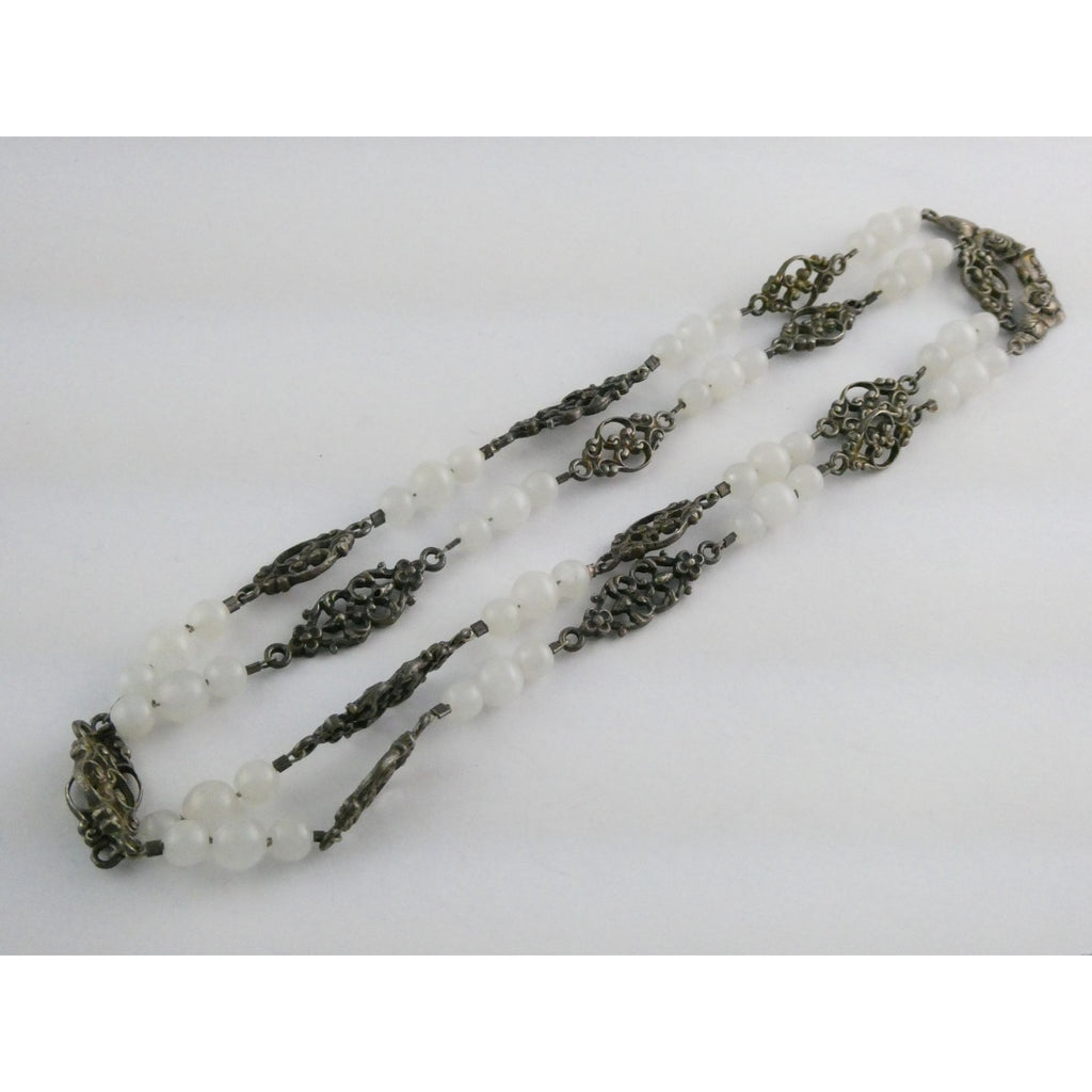 Vintage Cini Sterling Silver Pale White Glass Beaded Floral Necklace 33.5 Inches
