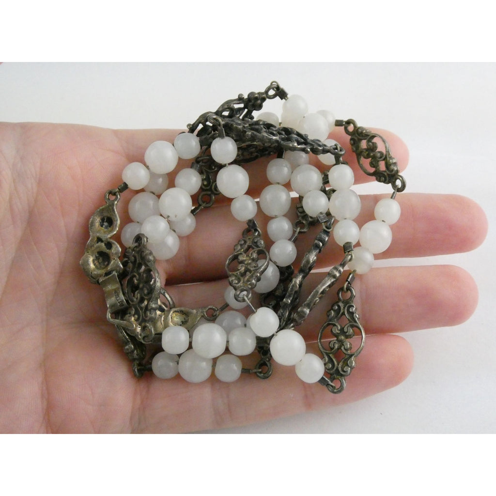 Vintage Cini Sterling Silver Pale White Glass Beaded Floral Necklace 33.5 Inches