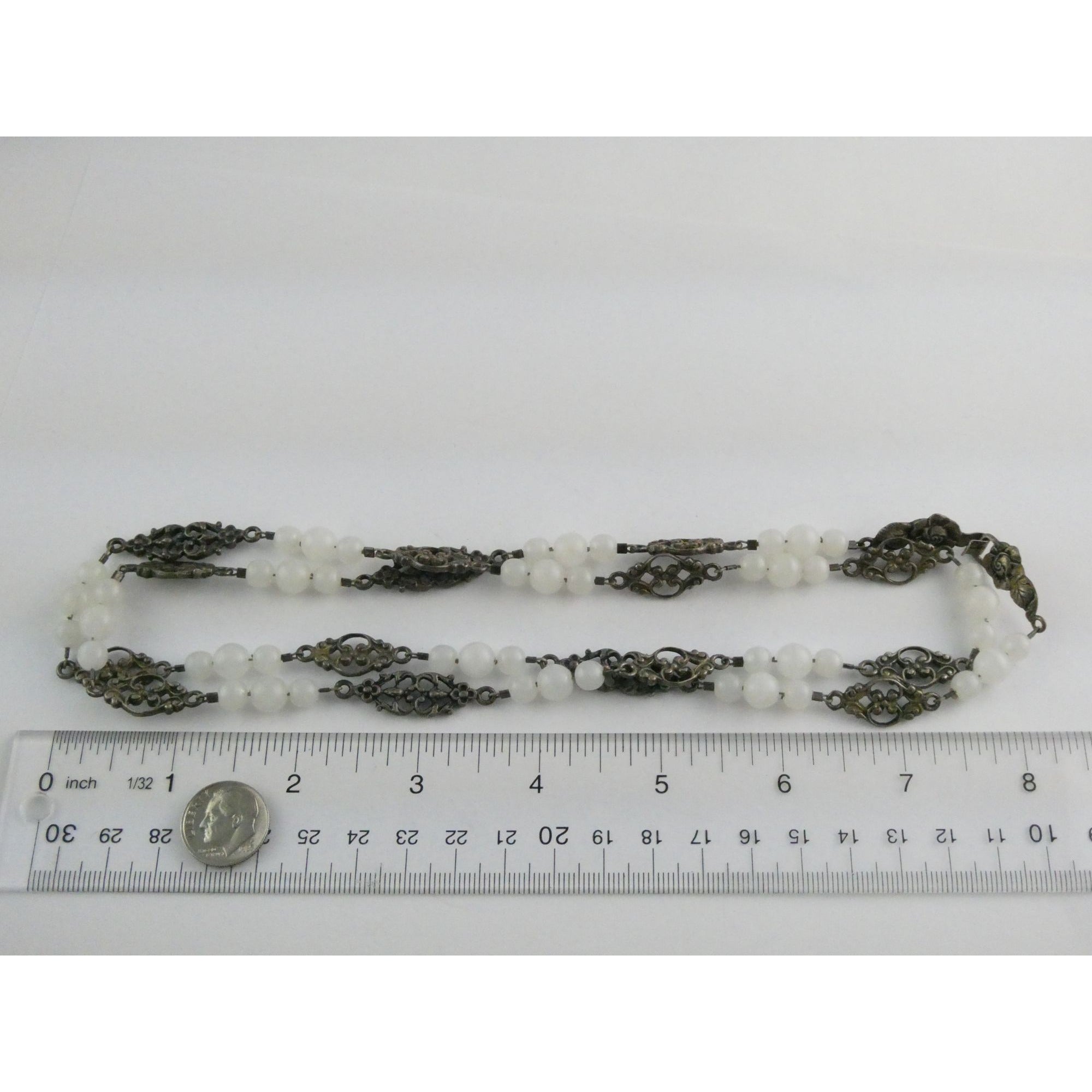 Vintage Cini Sterling Silver Pale White Glass Beaded Floral Necklace 33.5 Inches