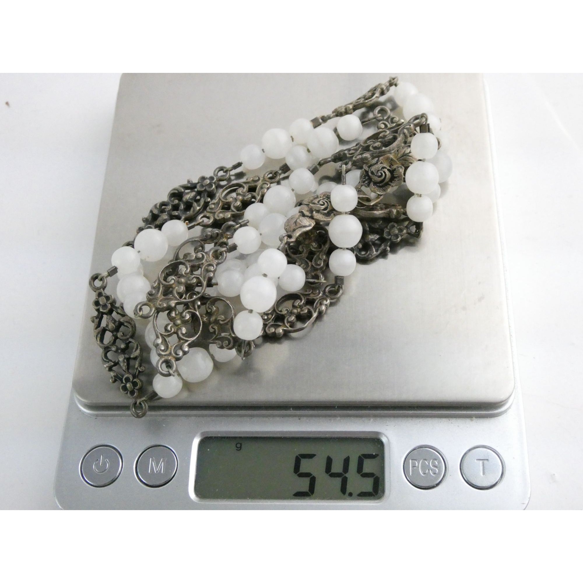 Vintage Cini Sterling Silver Pale White Glass Beaded Floral Necklace 33.5 Inches