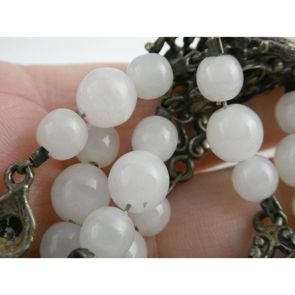 Vintage Cini Sterling Silver Pale White Glass Beaded Floral Necklace 33.5 Inches