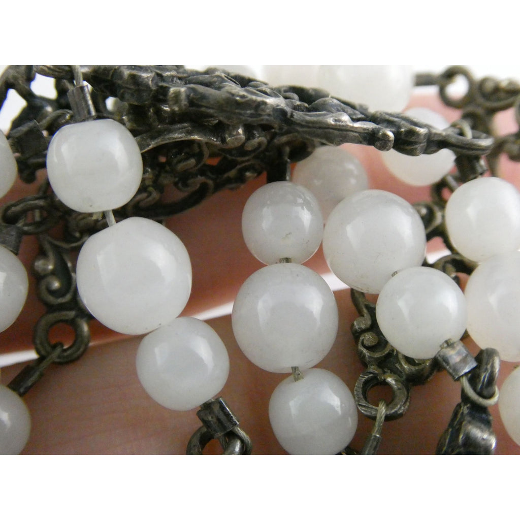 Vintage Cini Sterling Silver Pale White Glass Beaded Floral Necklace 33.5 Inches