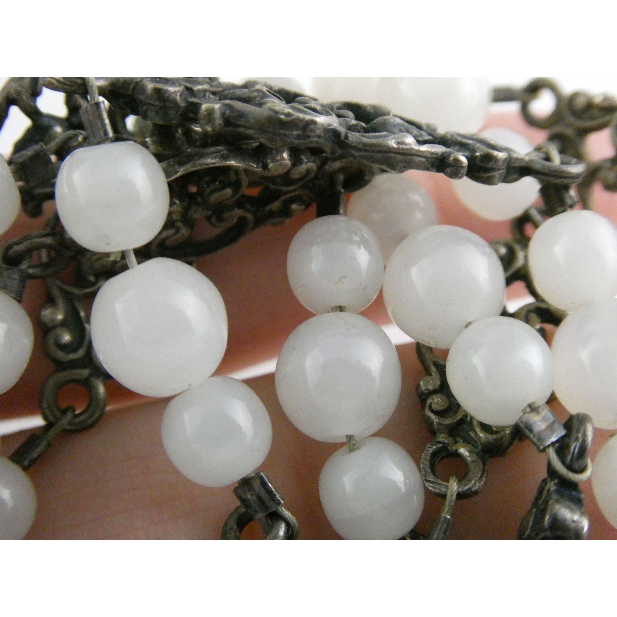 Vintage Cini Sterling Silver Pale White Glass Beaded Floral Necklace 33.5 Inches