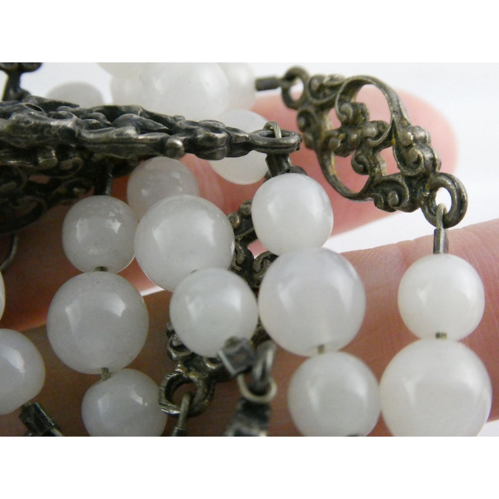 Vintage Cini Sterling Silver Pale White Glass Beaded Floral Necklace 33.5 Inches