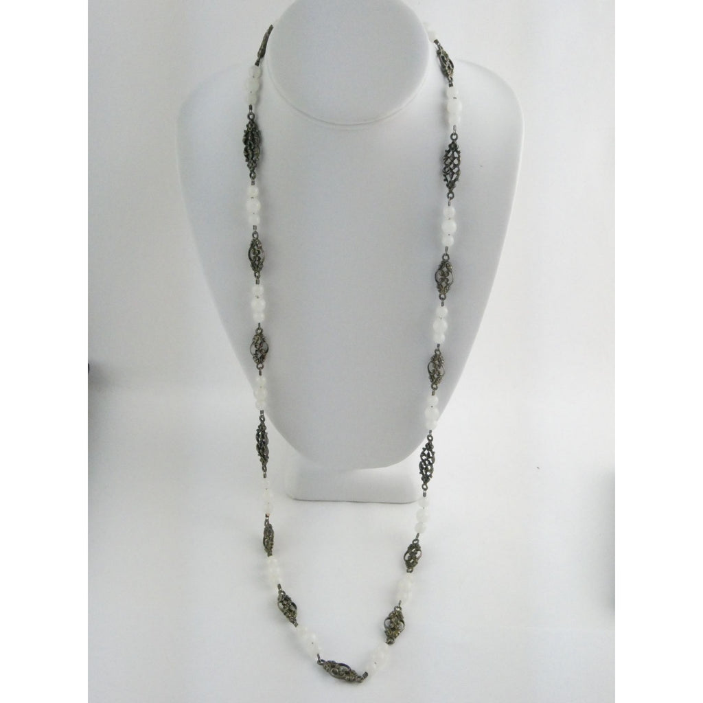 Vintage Cini Sterling Silver Pale White Glass Beaded Floral Necklace 33.5 Inches