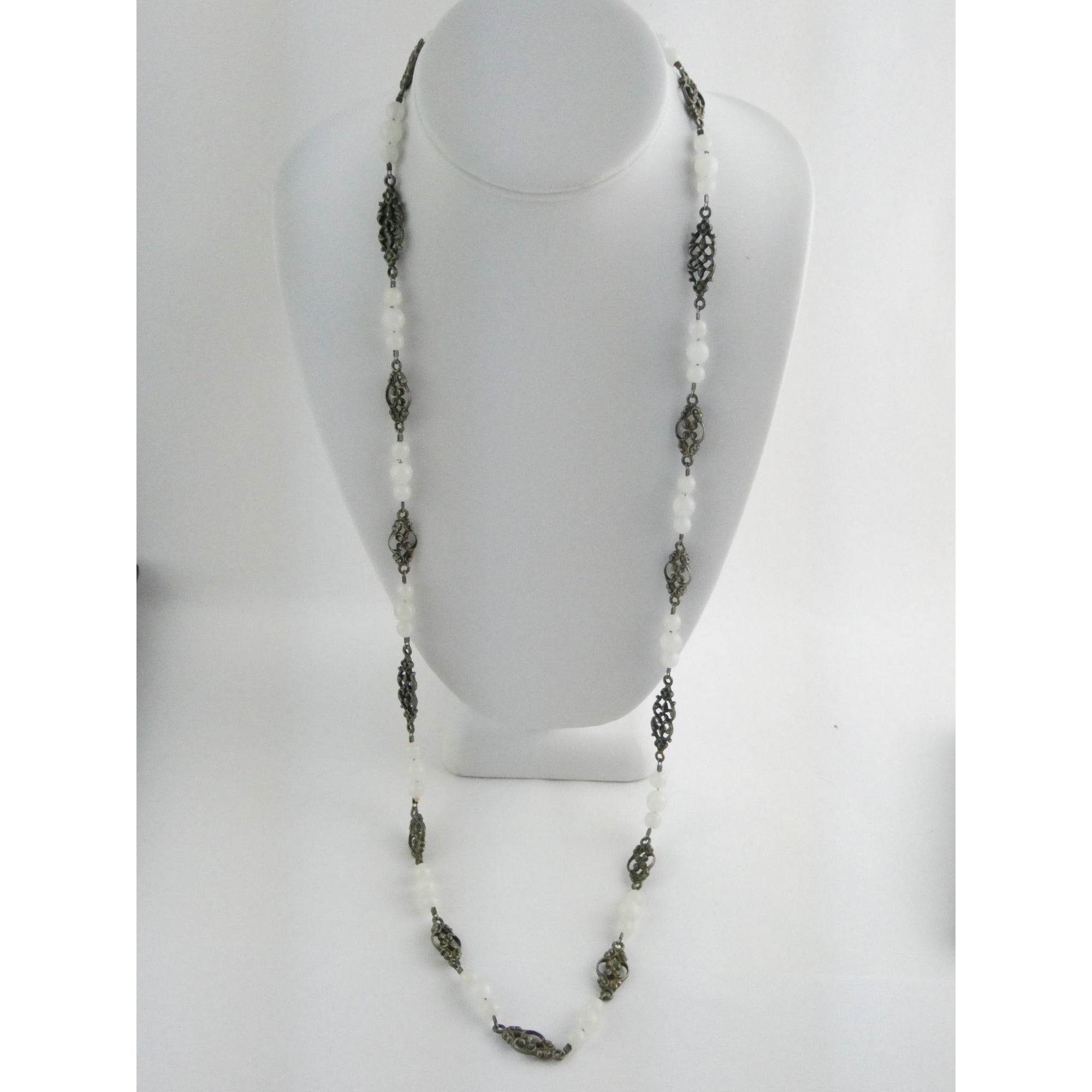Vintage Cini Sterling Silver Pale White Glass Beaded Floral Necklace 33.5 Inches