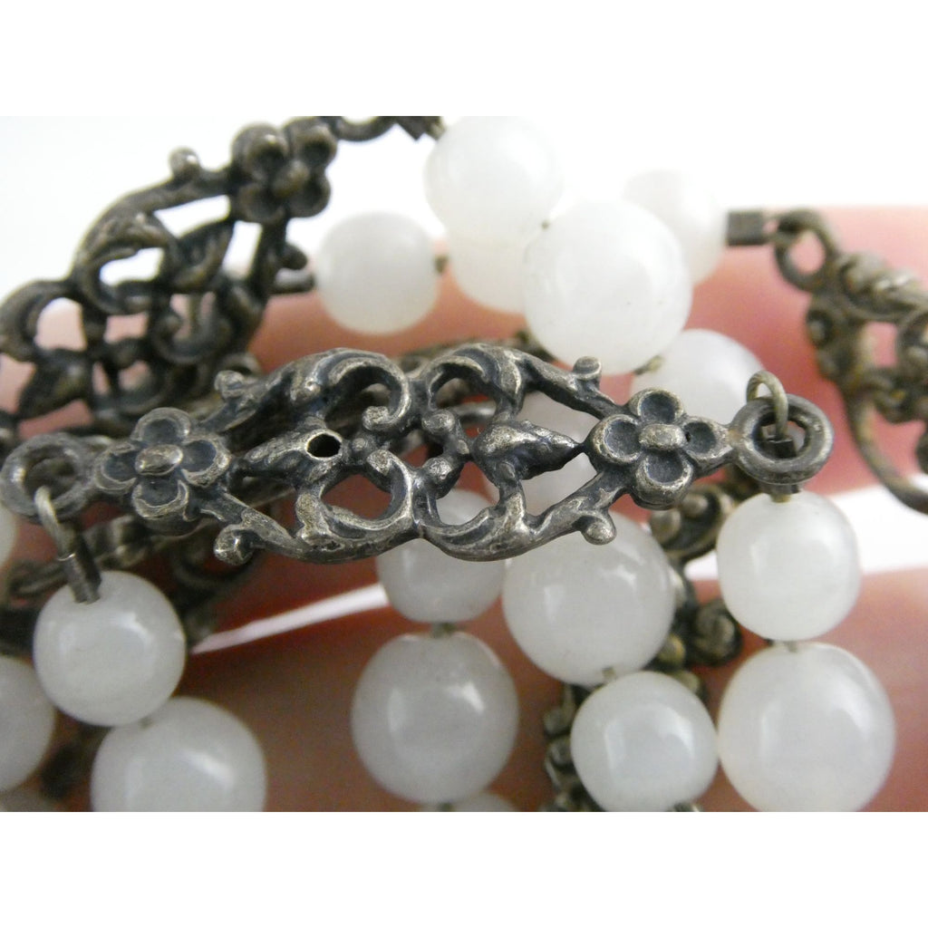 Vintage Cini Sterling Silver Pale White Glass Beaded Floral Necklace 33.5 Inches