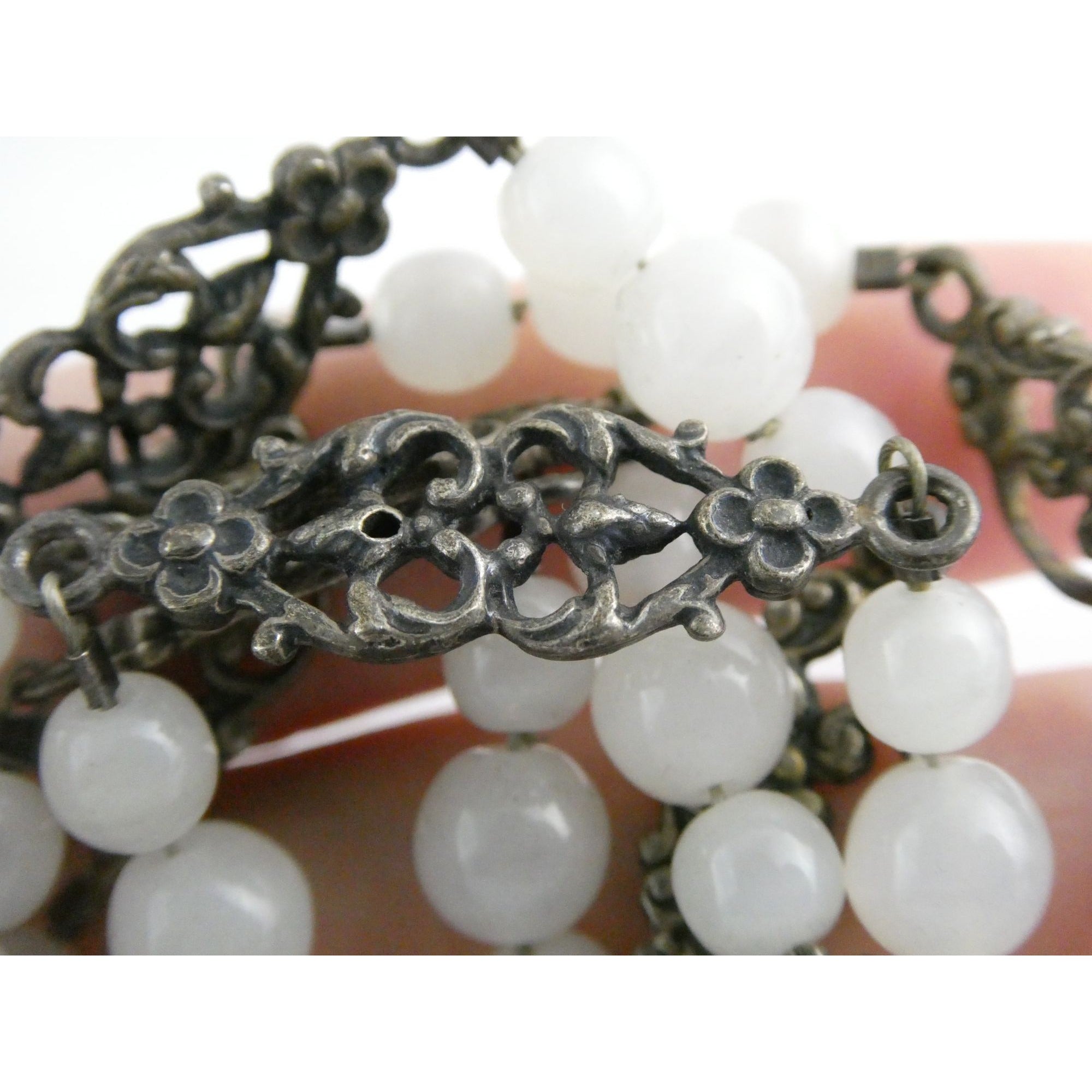 Vintage Cini Sterling Silver Pale White Glass Beaded Floral Necklace 33.5 Inches
