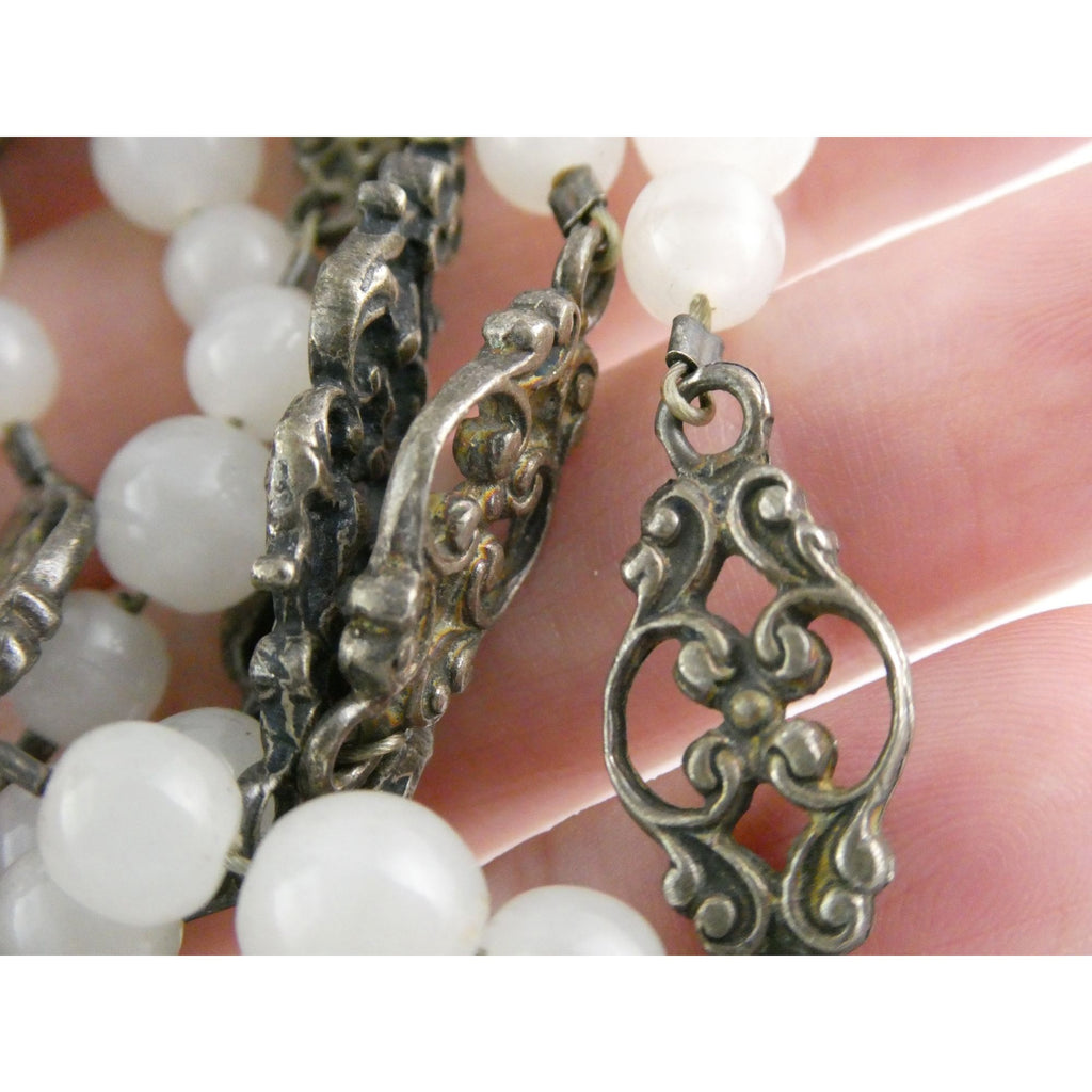 Vintage Cini Sterling Silver Pale White Glass Beaded Floral Necklace 33.5 Inches