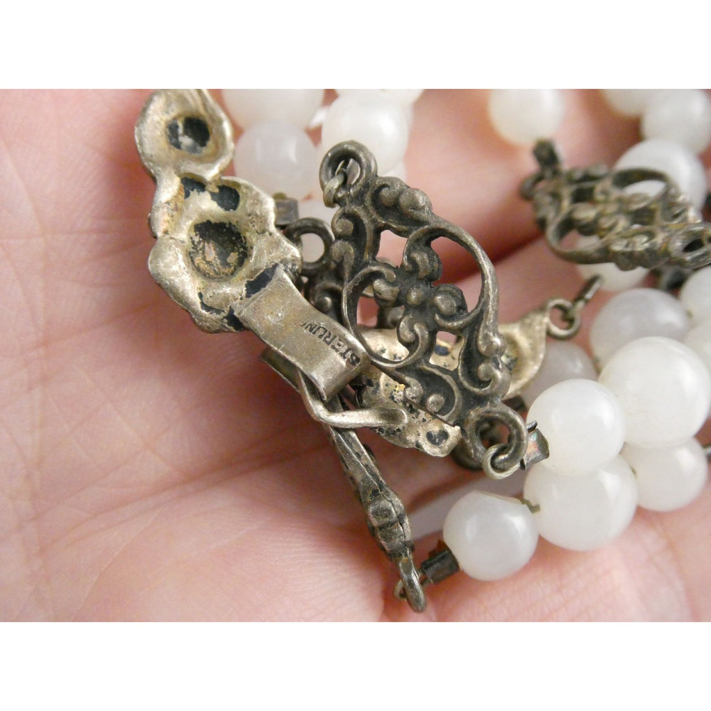 Vintage Cini Sterling Silver Pale White Glass Beaded Floral Necklace 33.5 Inches