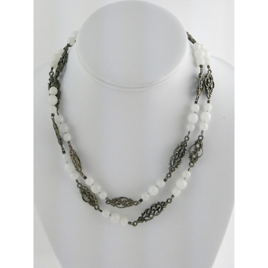 Vintage Cini Sterling Silver Pale White Glass Beaded Floral Necklace 33.5 Inches