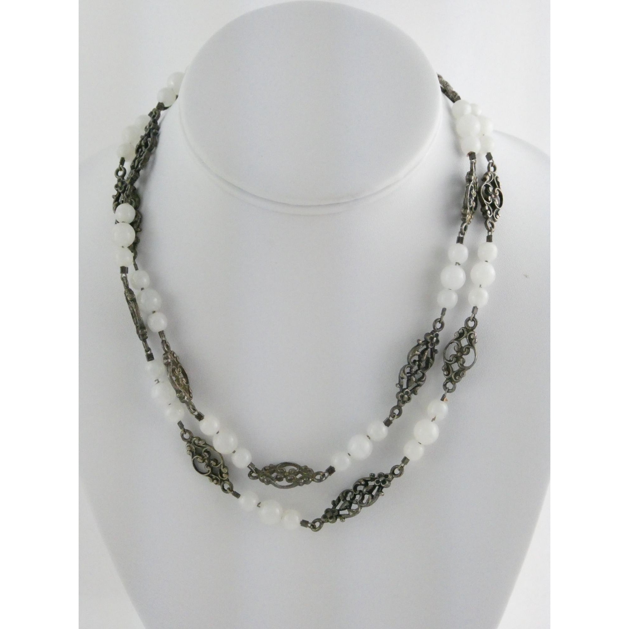Vintage Cini Sterling Silver Pale White Glass Beaded Floral Necklace 33.5 Inches