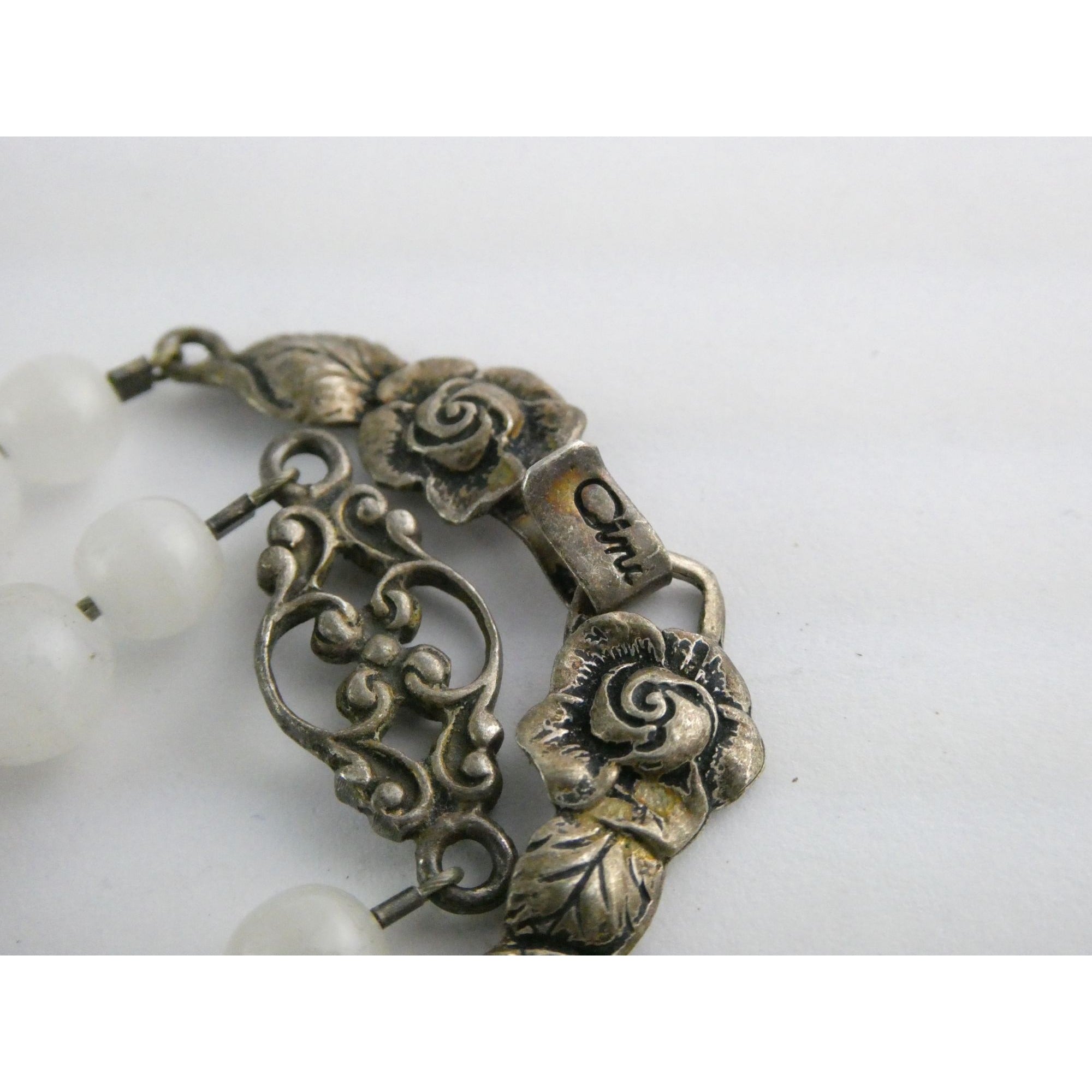 Vintage Cini Sterling Silver Pale White Glass Beaded Floral Necklace 33.5 Inches