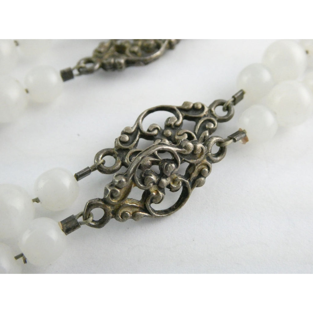 Vintage Cini Sterling Silver Pale White Glass Beaded Floral Necklace 33.5 Inches