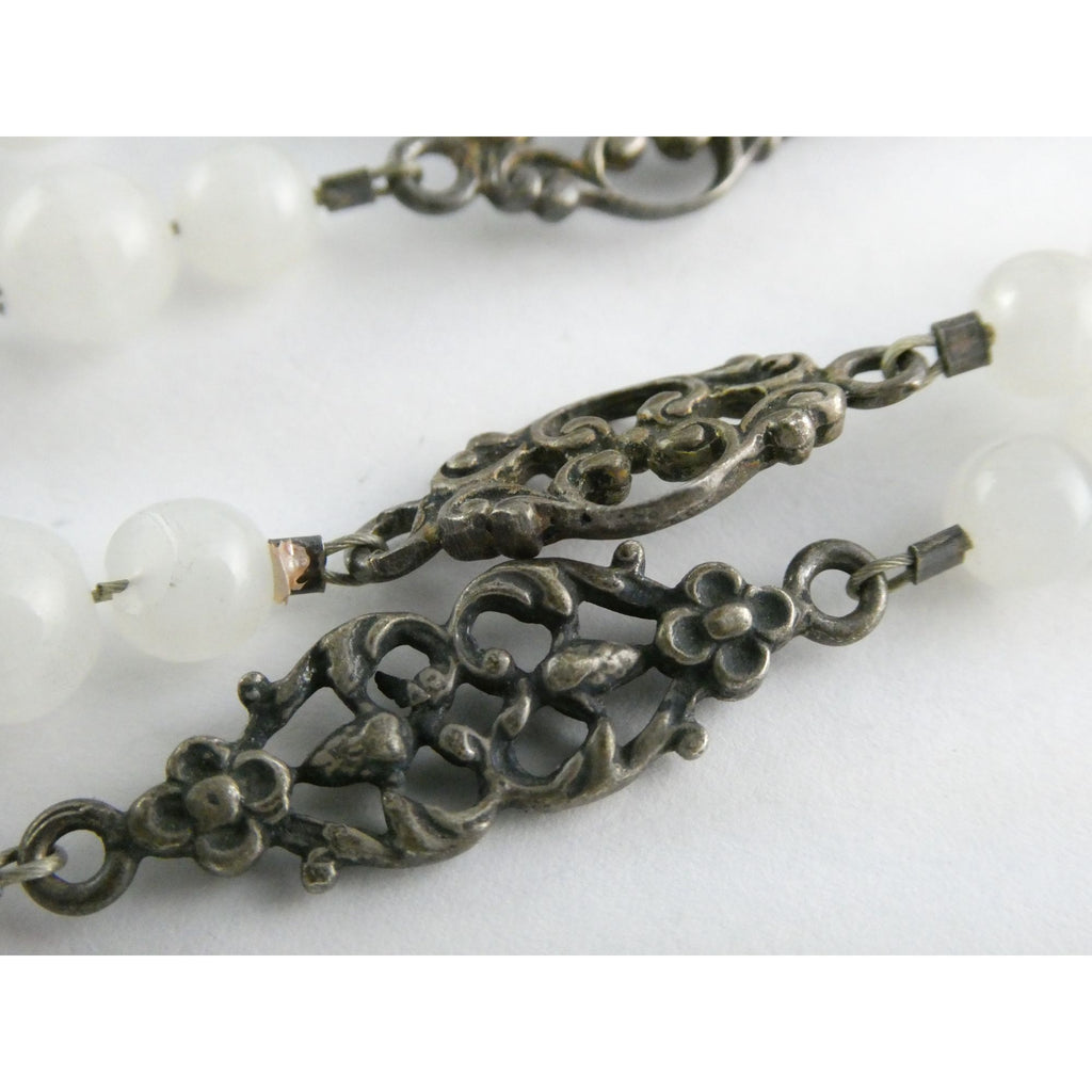 Vintage Cini Sterling Silver Pale White Glass Beaded Floral Necklace 33.5 Inches