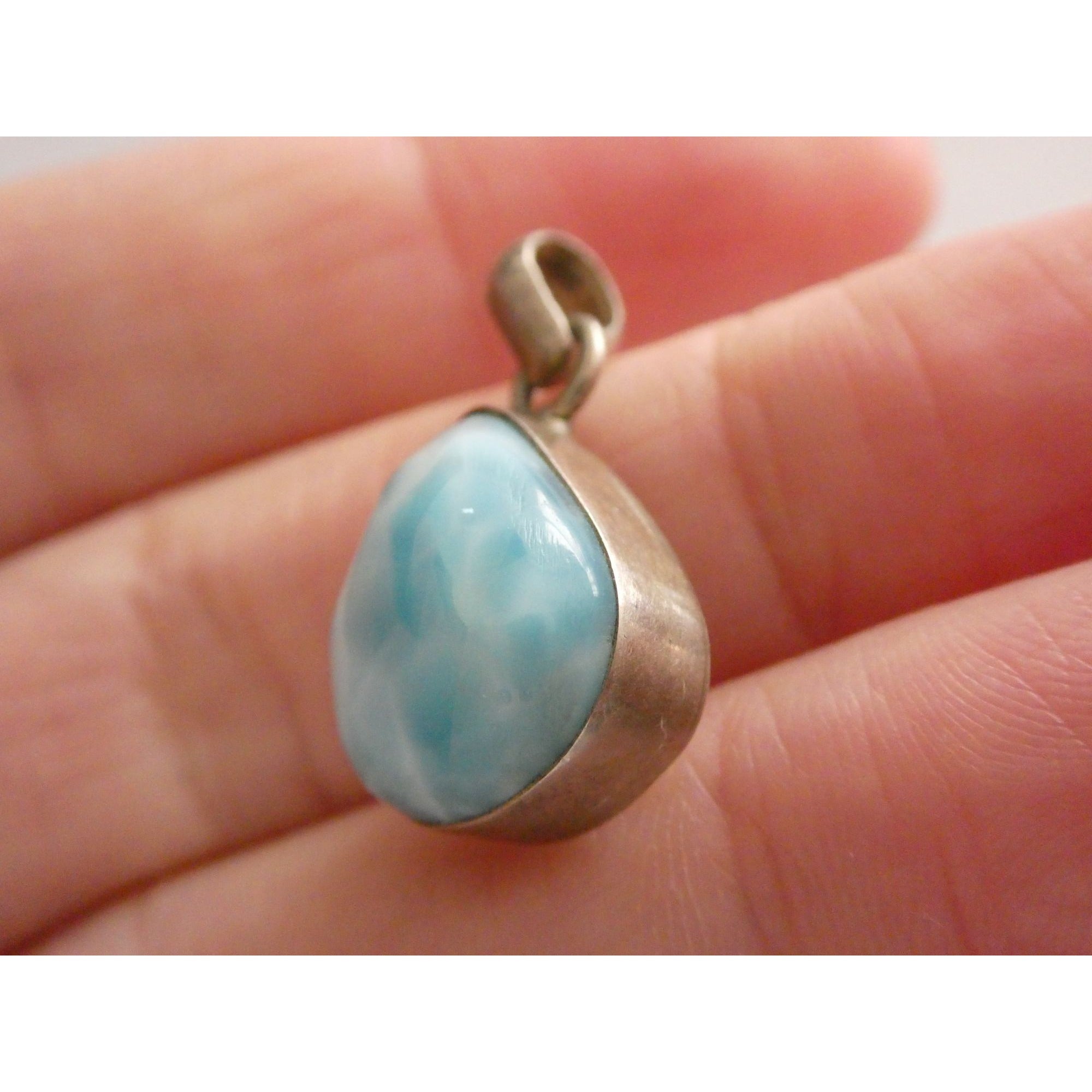 Sterling Silver Larimar Teardrop Cabochon Pendant 4.7g 925 25mm Total Length