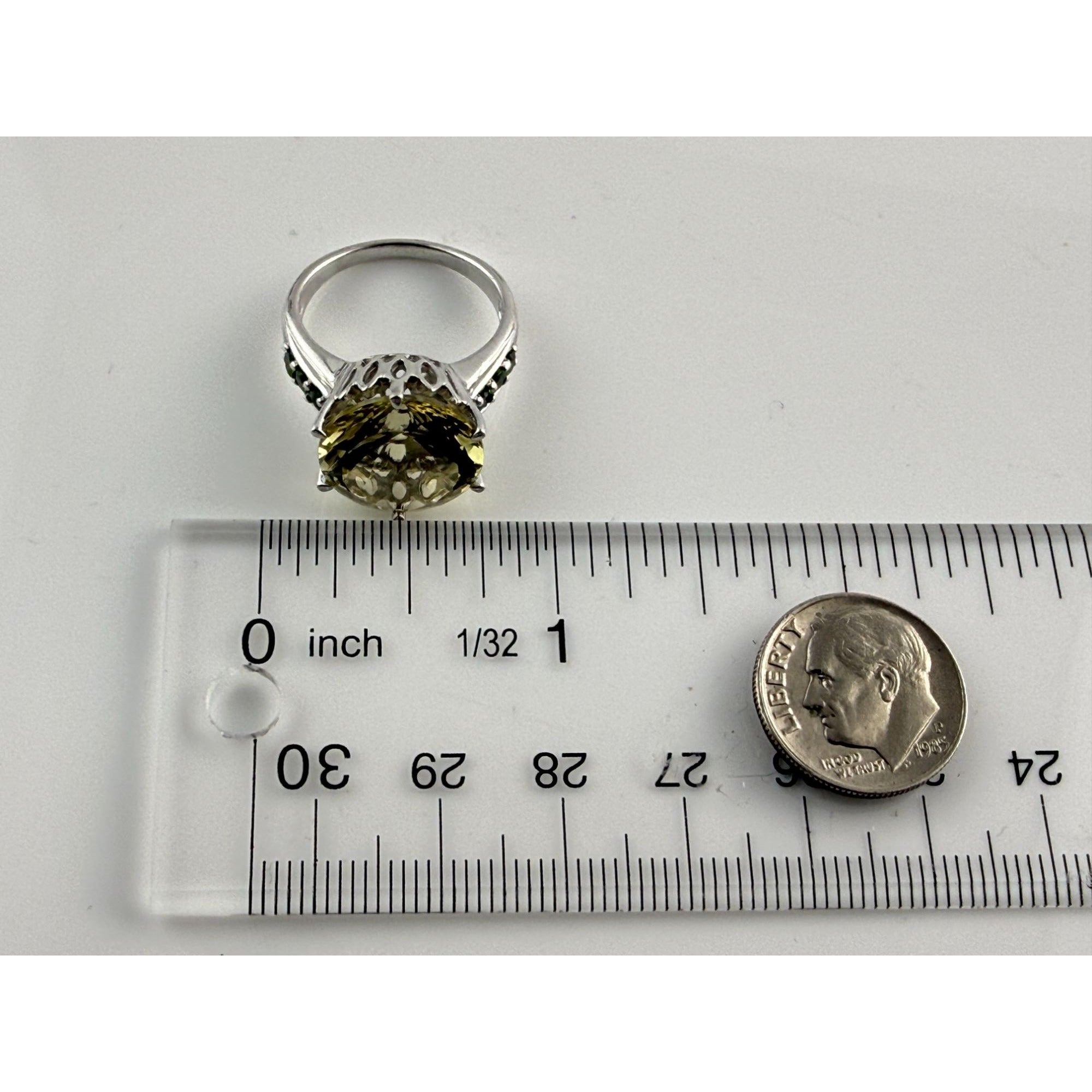 Sterling Silver Pale Yellow Citrine and Green Garnet Ring Size 7.75 6g 14mm Gem
