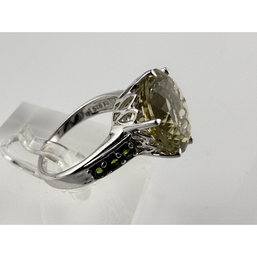 Sterling Silver Pale Yellow Citrine and Green Garnet Ring Size 7.75 6g 14mm Gem
