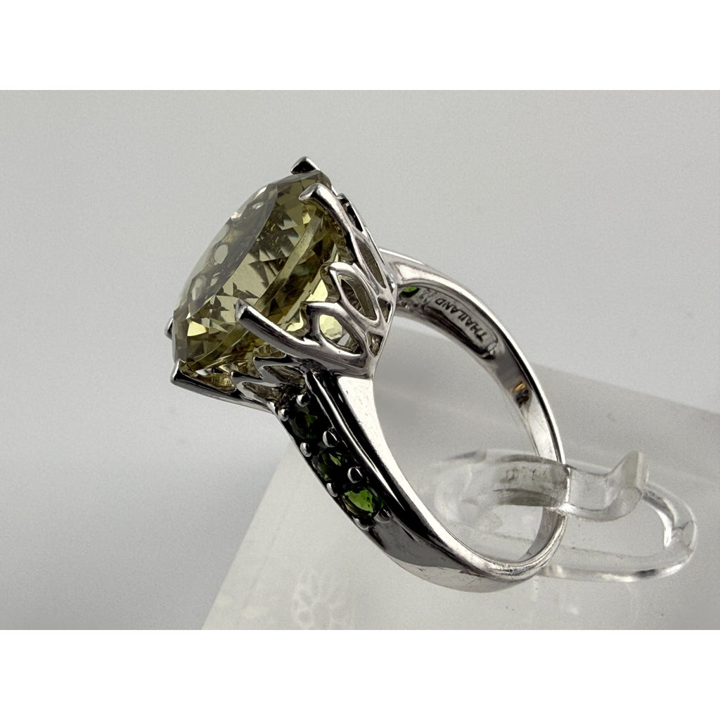 Sterling Silver Pale Yellow Citrine and Green Garnet Ring Size 7.75 6g 14mm Gem