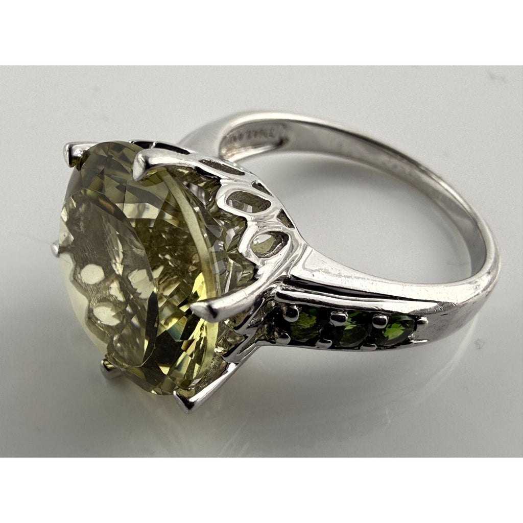 Sterling Silver Pale Yellow Citrine and Green Garnet Ring Size 7.75 6g 14mm Gem