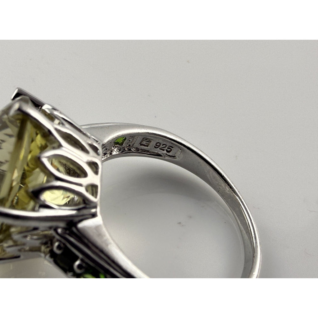 Sterling Silver Pale Yellow Citrine and Green Garnet Ring Size 7.75 6g 14mm Gem