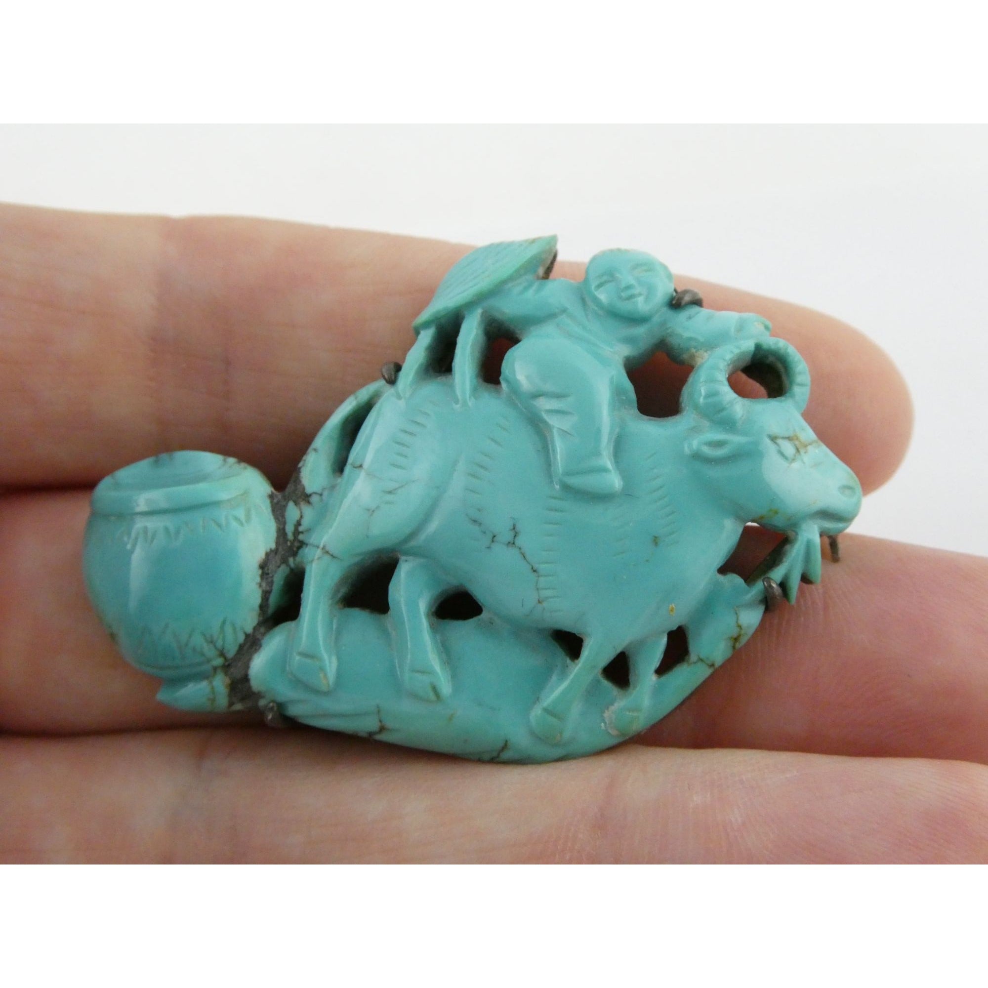 Antique Chinese Export Sterling Silver Carved Turquoise Brooch Pin Farmer on Ox