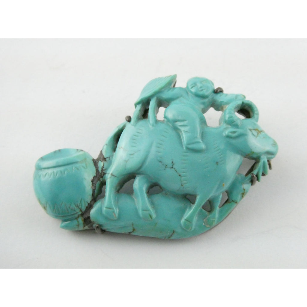 Antique Chinese Export Sterling Silver Carved Turquoise Brooch Pin Farmer on Ox