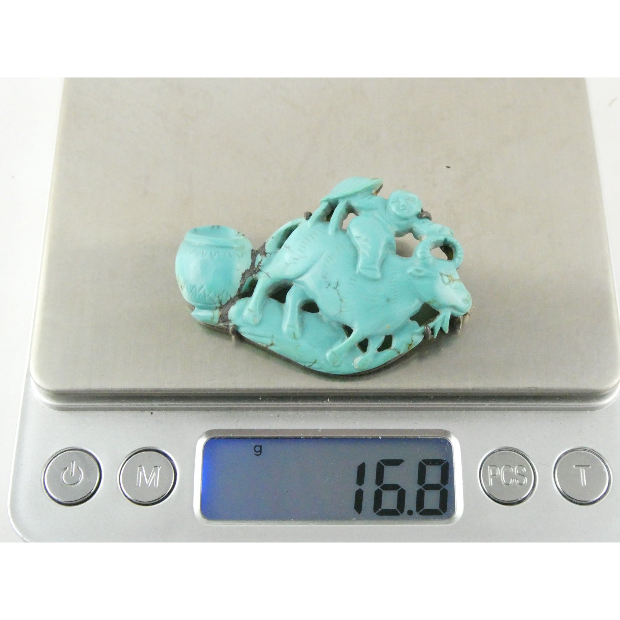 Antique Chinese Export Sterling Silver Carved Turquoise Brooch Pin Farmer on Ox