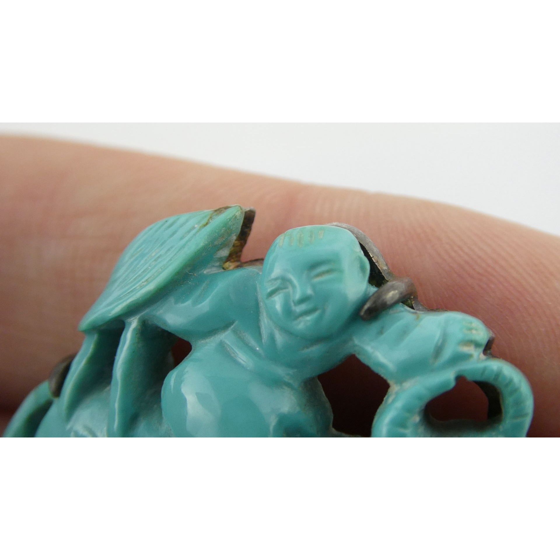 Antique Chinese Export Sterling Silver Carved Turquoise Brooch Pin Farmer on Ox