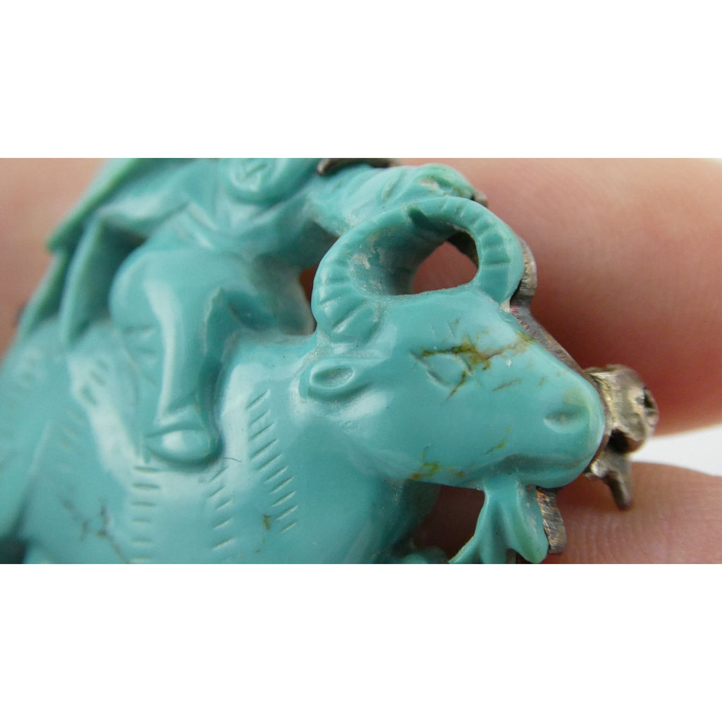 Antique Chinese Export Sterling Silver Carved Turquoise Brooch Pin Farmer on Ox