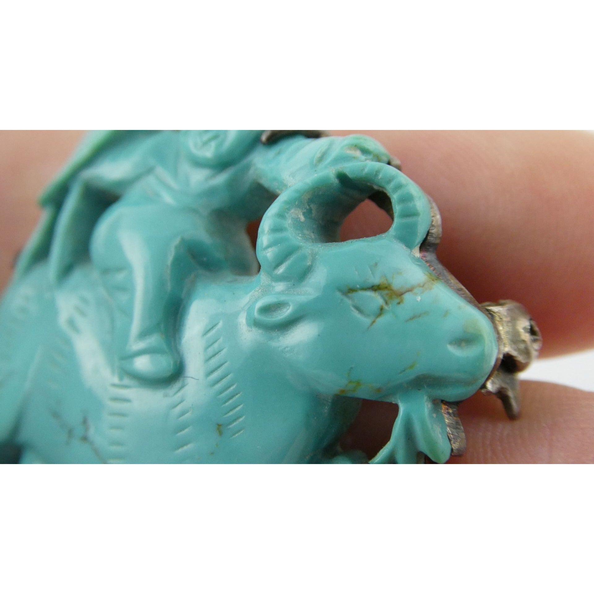 Antique Chinese Export Sterling Silver Carved Turquoise Brooch Pin Farmer on Ox