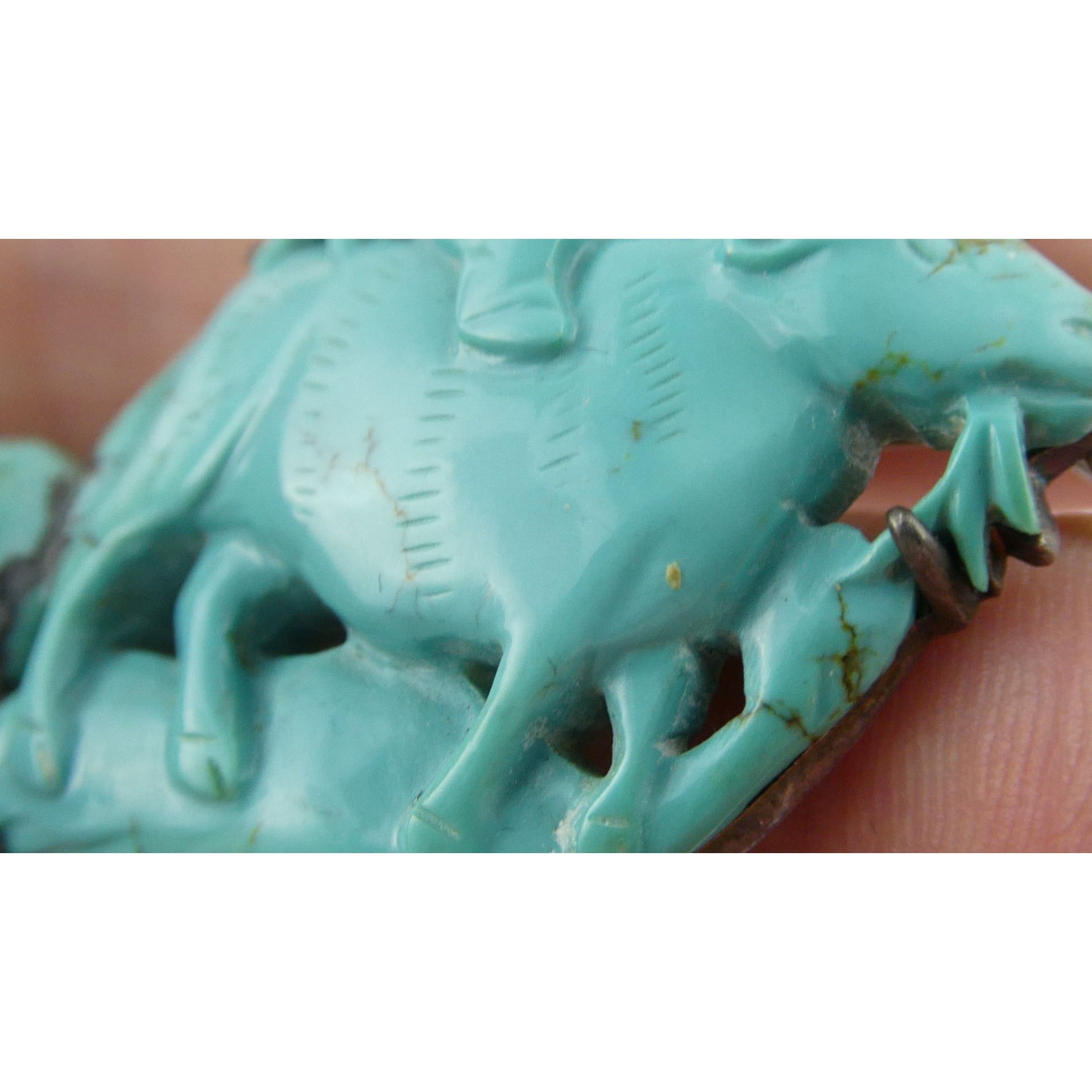 Antique Chinese Export Sterling Silver Carved Turquoise Brooch Pin Farmer on Ox