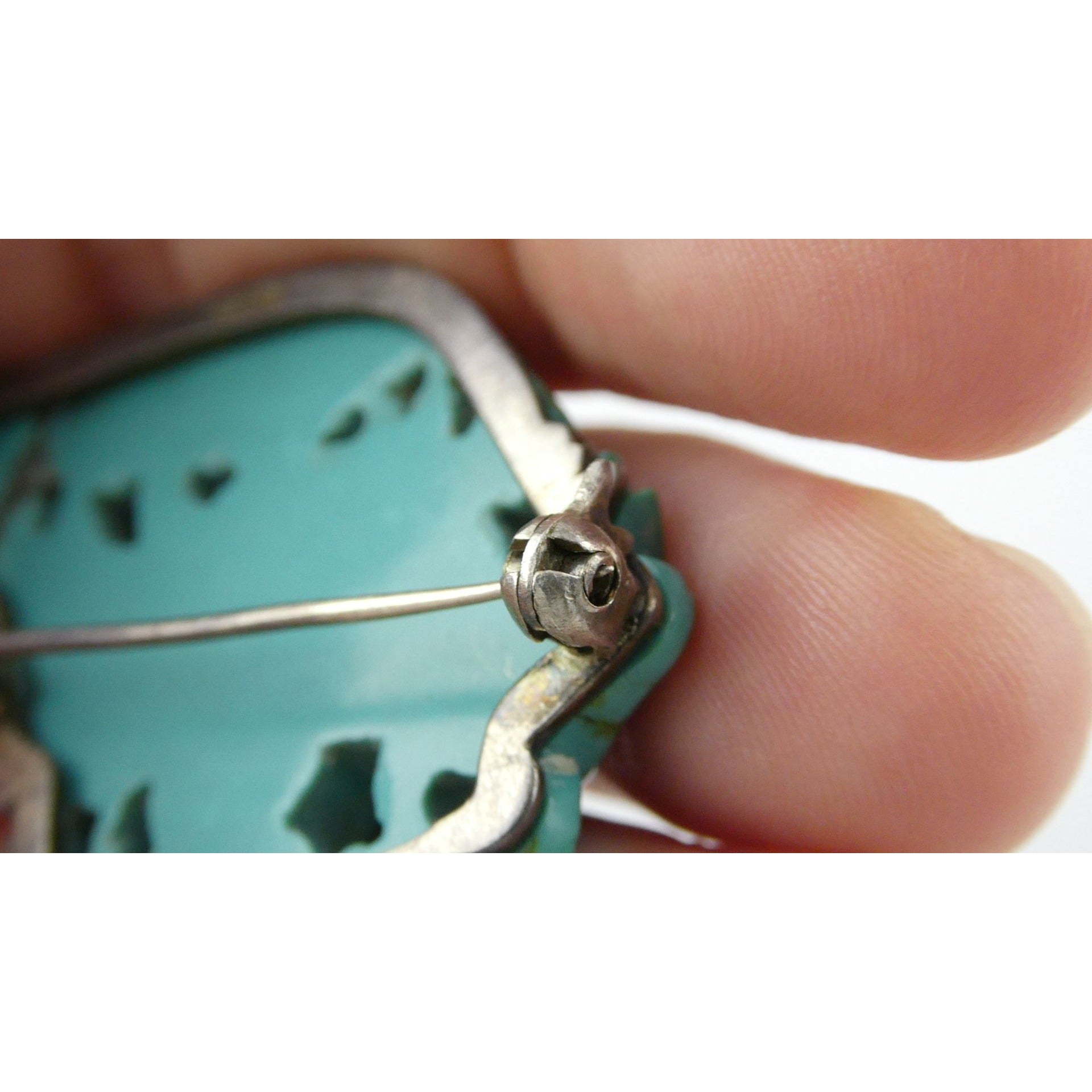 Antique Chinese Export Sterling Silver Carved Turquoise Brooch Pin Farmer on Ox