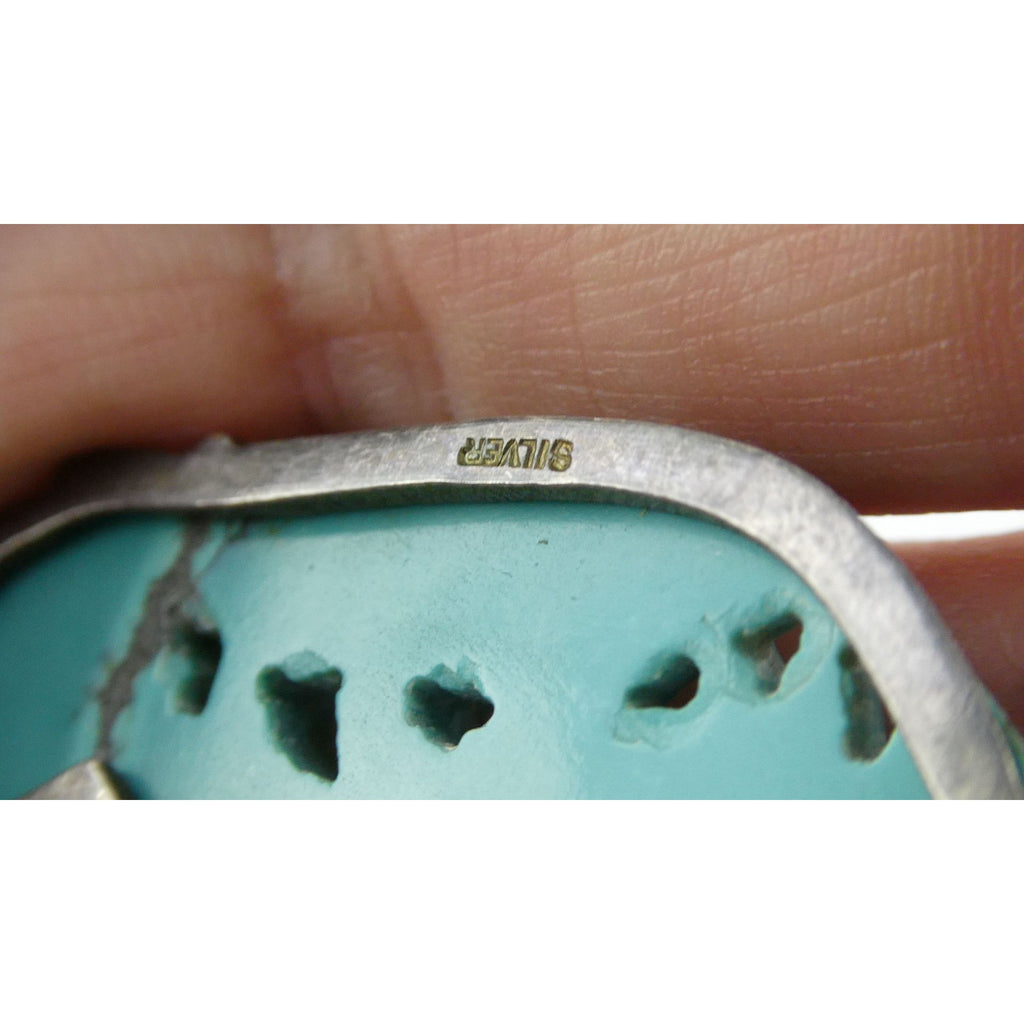 Antique Chinese Export Sterling Silver Carved Turquoise Brooch Pin Farmer on Ox