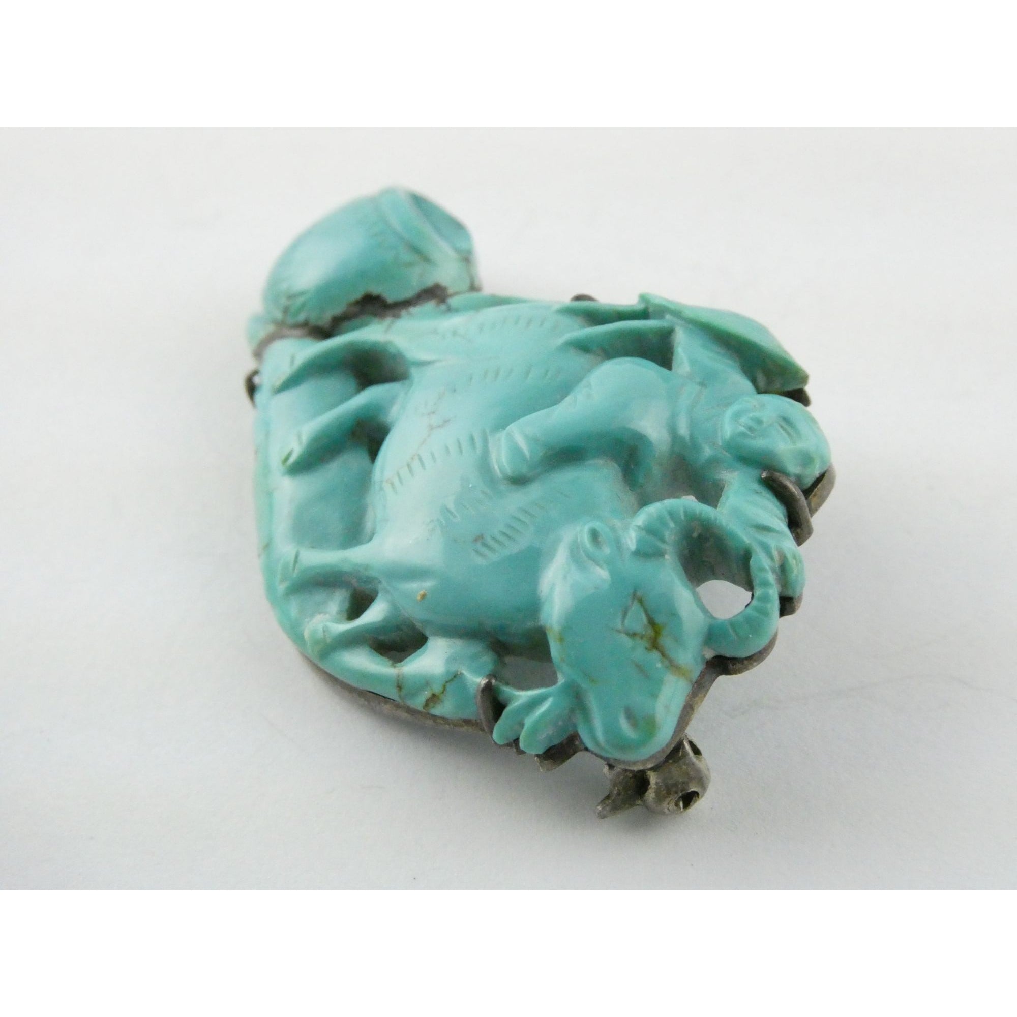 Antique Chinese Export Sterling Silver Carved Turquoise Brooch Pin Farmer on Ox