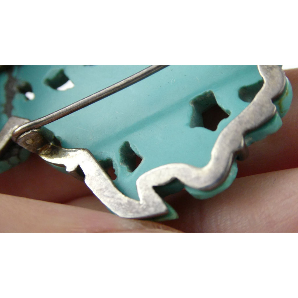 Antique Chinese Export Sterling Silver Carved Turquoise Brooch Pin Farmer on Ox