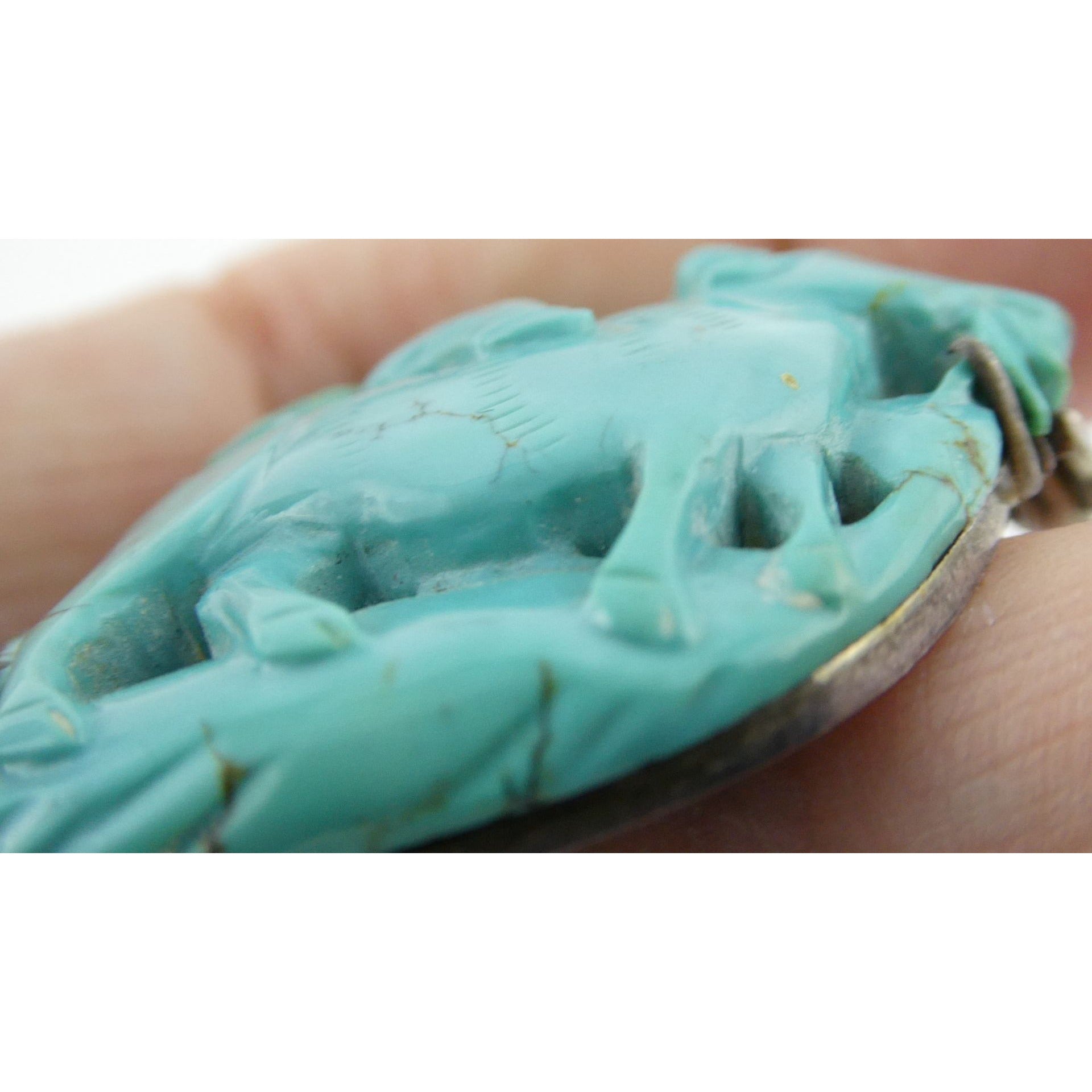 Antique Chinese Export Sterling Silver Carved Turquoise Brooch Pin Farmer on Ox