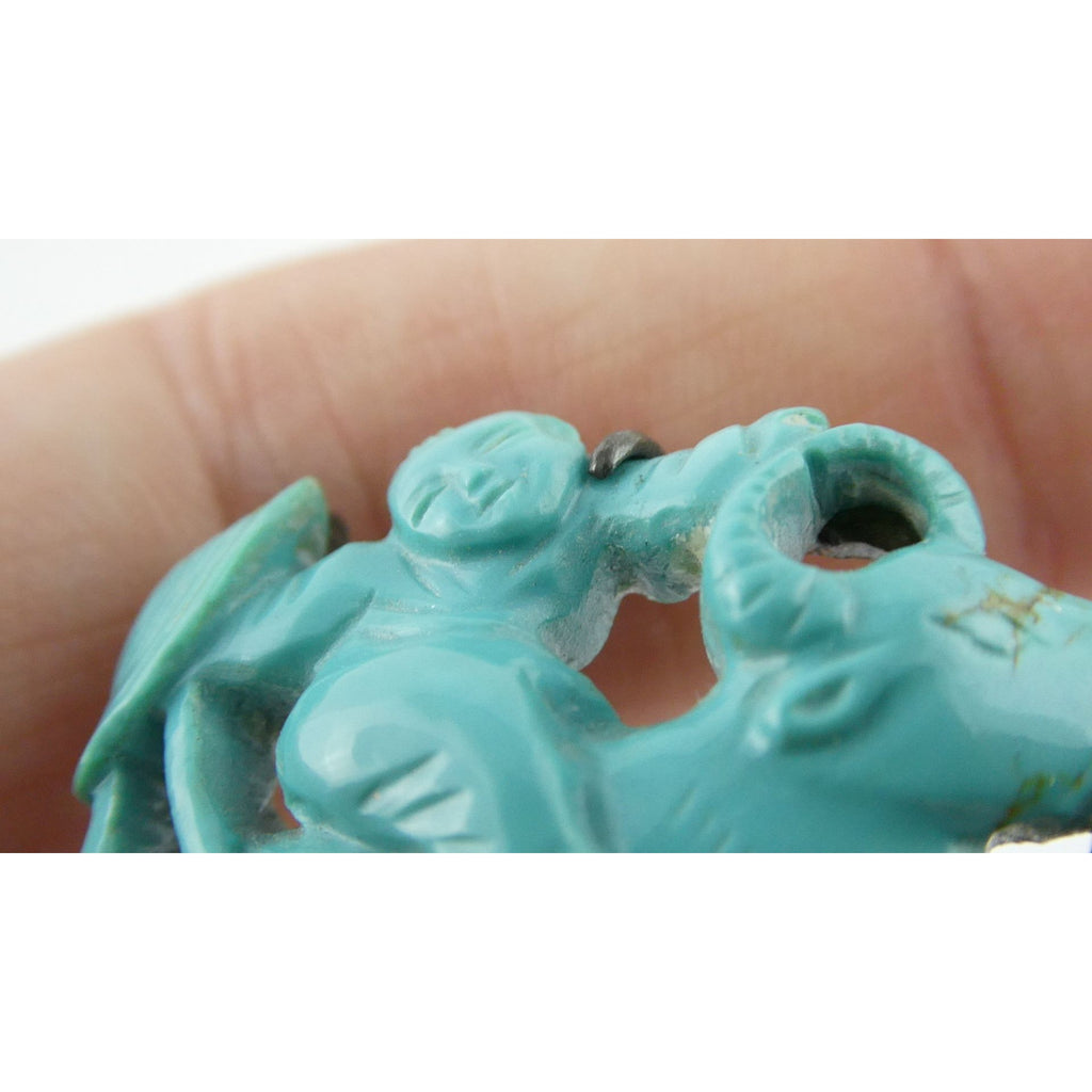 Antique Chinese Export Sterling Silver Carved Turquoise Brooch Pin Farmer on Ox
