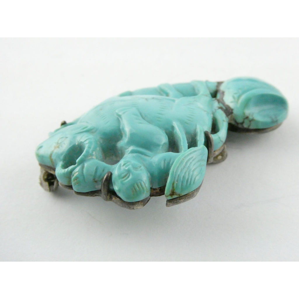 Antique Chinese Export Sterling Silver Carved Turquoise Brooch Pin Farmer on Ox