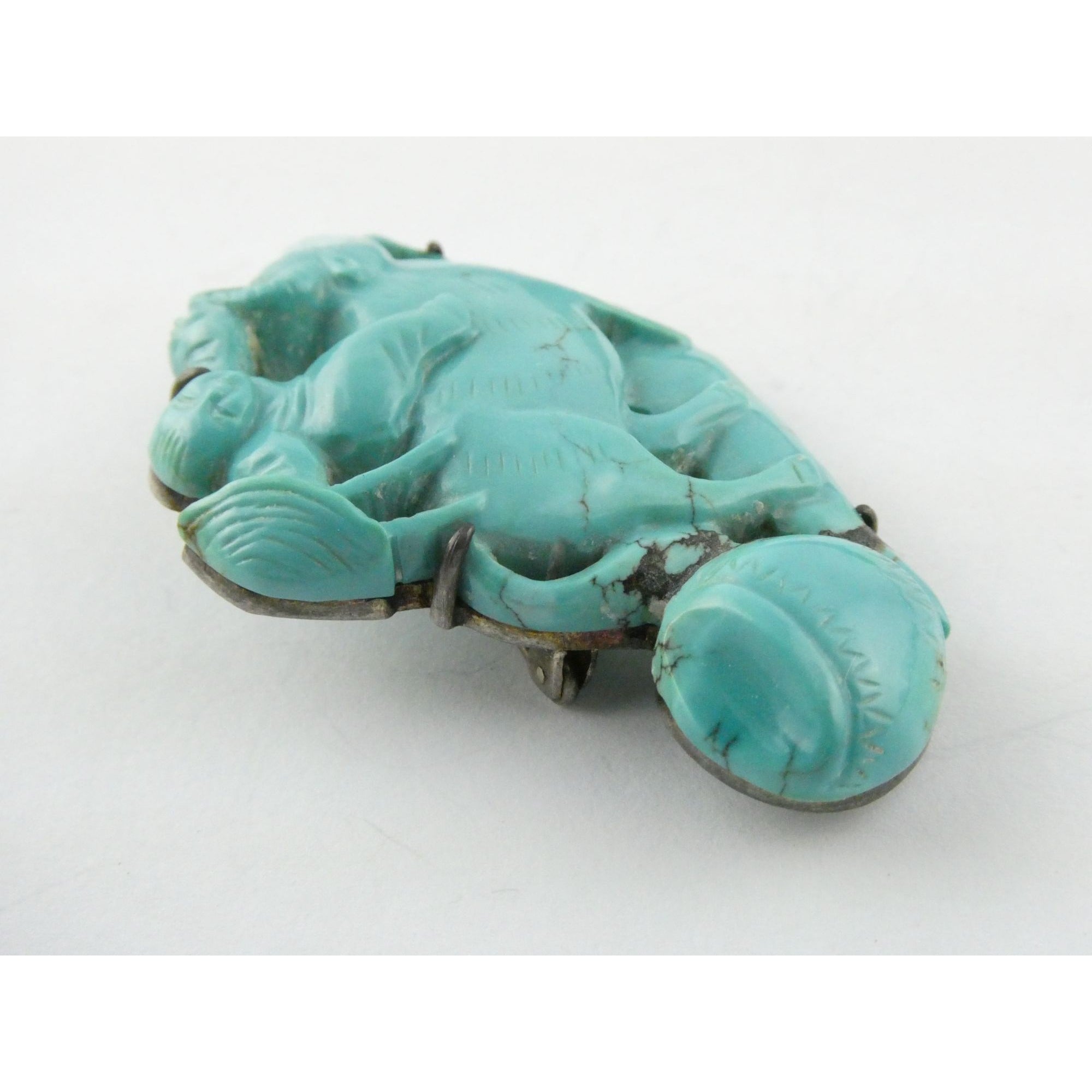 Antique Chinese Export Sterling Silver Carved Turquoise Brooch Pin Farmer on Ox