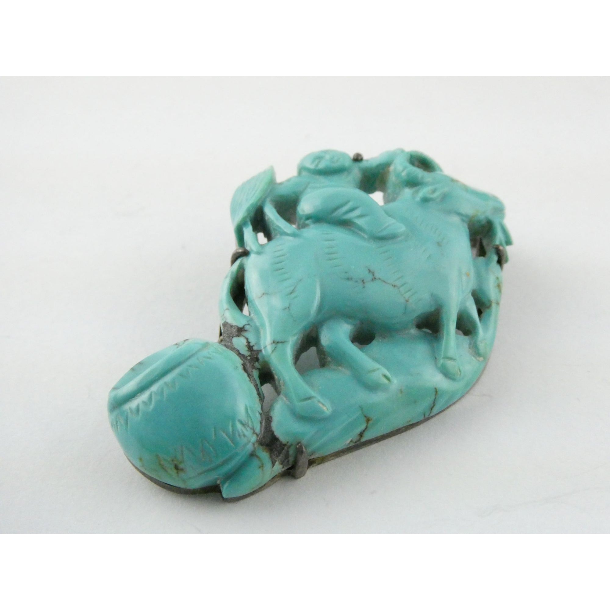 Antique Chinese Export Sterling Silver Carved Turquoise Brooch Pin Farmer on Ox